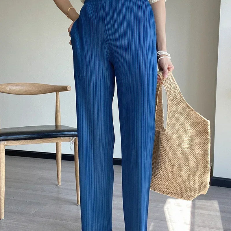 Spring Summer Autumn Women Casual Elegant Ladies Miyake Designer Casual Loose Straight Pleated Pants High Waist Trousers