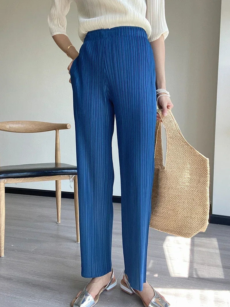 Spring Summer Autumn Women Casual Elegant Ladies Miyake Designer Casual Loose Straight Pleated Pants High Waist Trousers