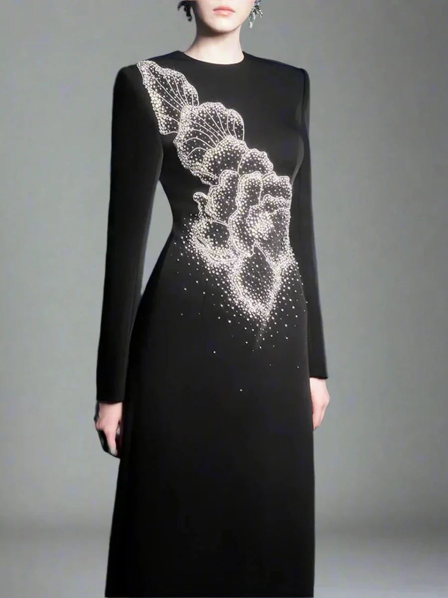 TWOTWINSTYLE Solid Spliced Stick Drill Elegant Dresses for Women Round Neck Long Sleeves Temperamnet Dress Female Fashion New