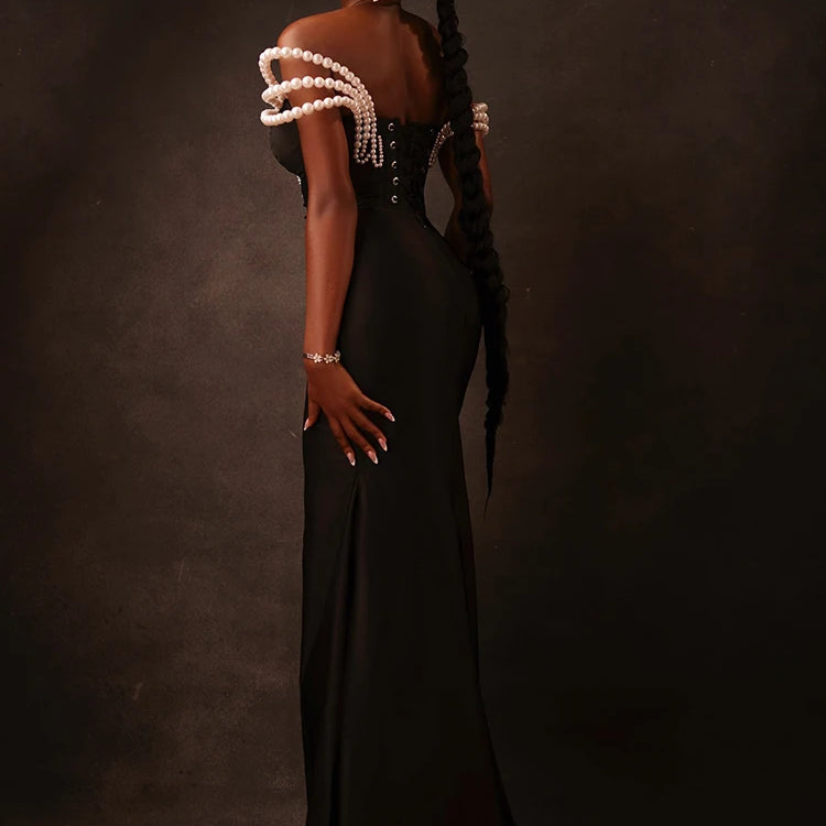 VC Chic Off-Shoulder Black Maxi Dress with Pearl Cut out High Slit Design for Gala Party Glamorous Gown