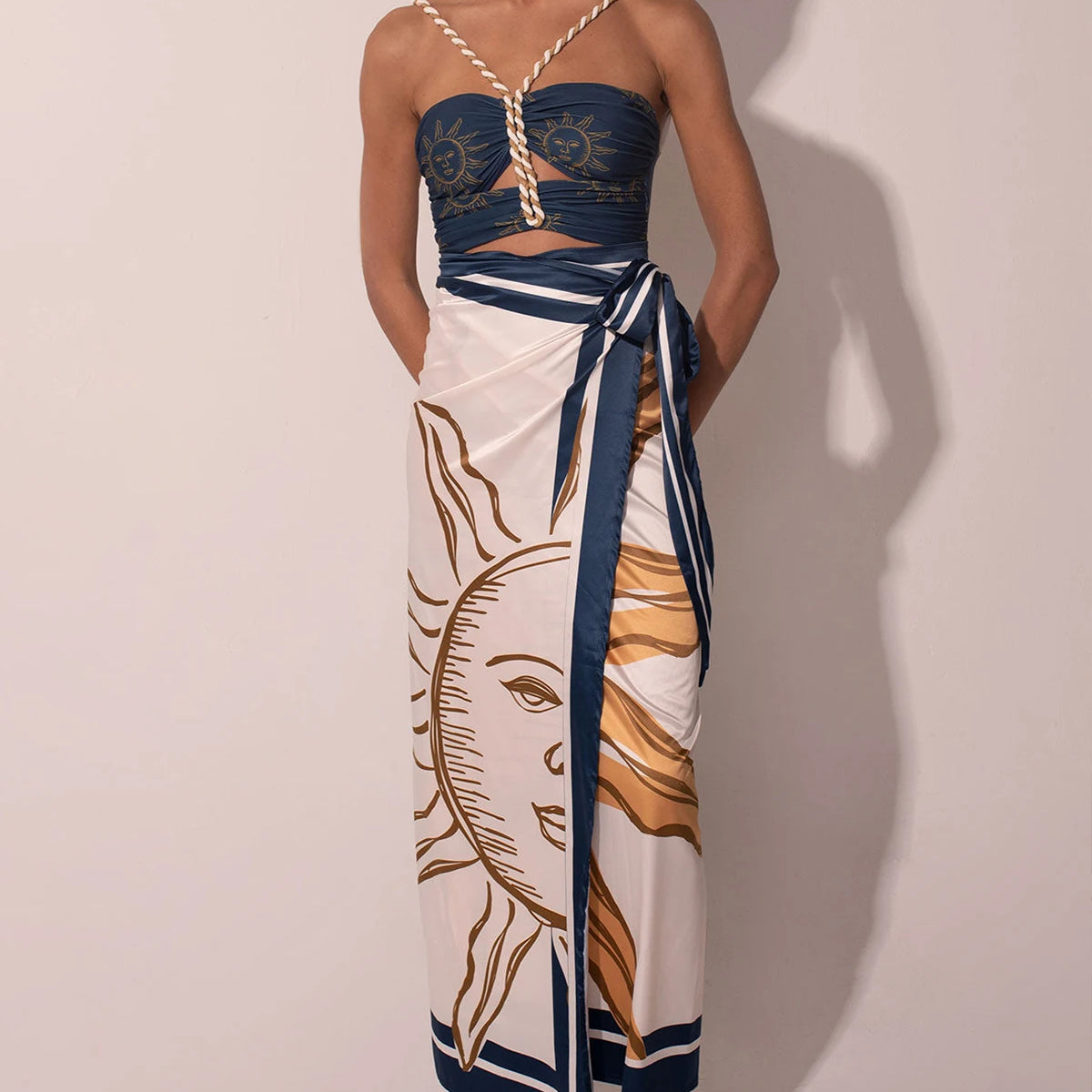 Fashion Blue Sexy Vintage Women's Swimwear Sun Printed Featured Design Hollow Out One Piece Bikini With Long Skirt 2024 Seaside