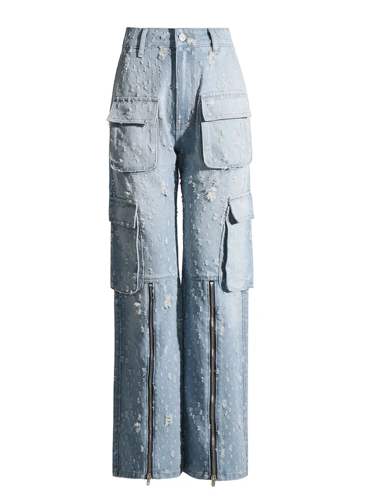Solid Patchwork Pockets Casual Denim Trousers For Women High Waist Spliced Zipper Streetwear Wide Leg Jeans Female Fashion
