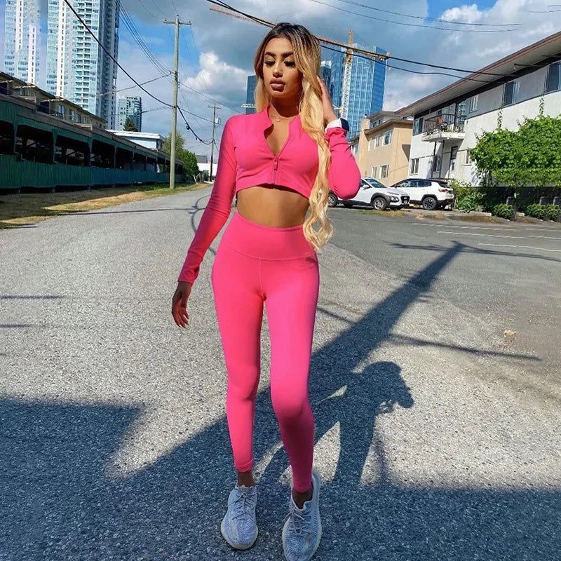 Gym Set Women Tracksuit Long Sleeve Yoga Suit for Fitness Sport Outfit for Woman Sportswear Pilates Clothes Two Piece Wear Khaki Red