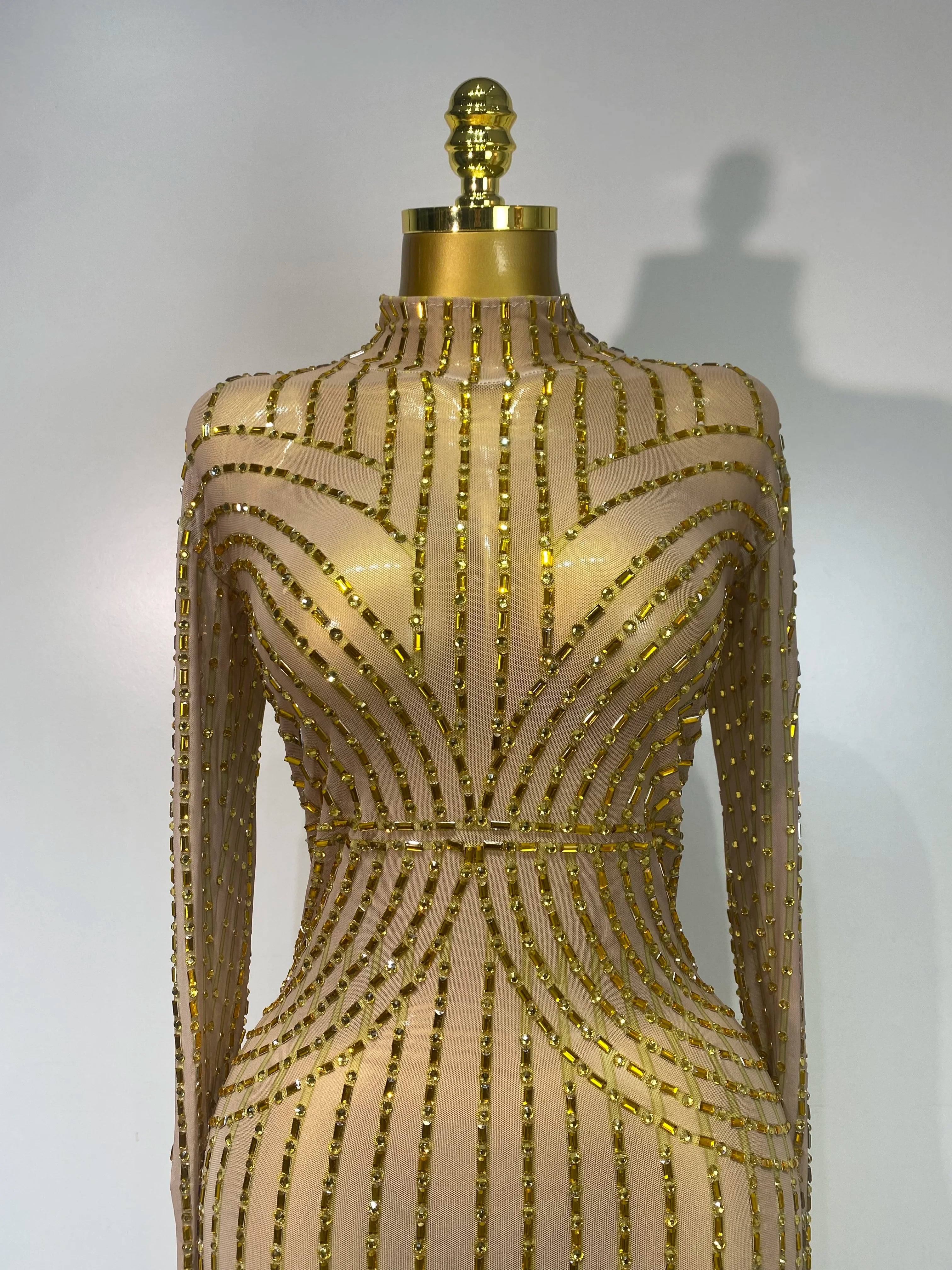 Sexy Long Sleeve Mesh See Through Gold Silver Maxi Dress Evening Party Singer Costume Stage Performance Luxury Birthday Dress