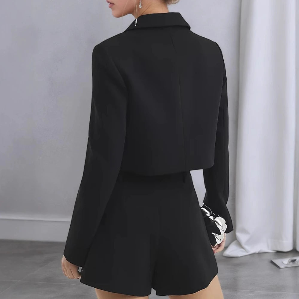 TWOTWINSTYLE Solid Spliced Bead Two Piece Sets for Women Lapel Long Sleeves Patchwork Single Breasted Top Shorts Set Female New