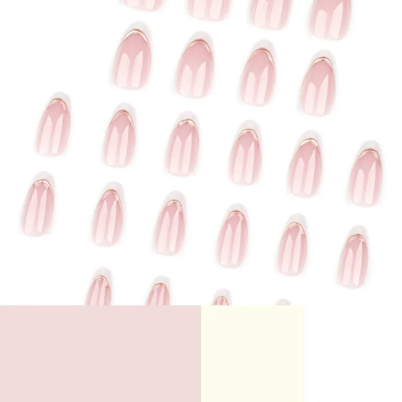 24Pcs Elegant Nude Almond Press-On Nails with Gold Stripes and White French Tips Reusable Full Cover False Nails for Women&Girls