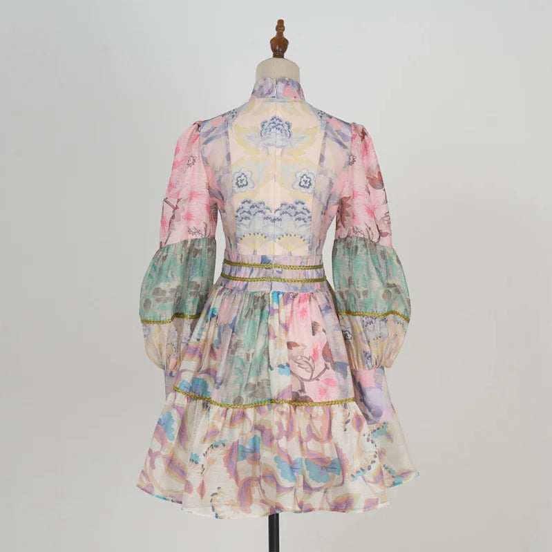 Fall Shot Spot Customized Product Vintage Court Style Small Stand Collar Bubble Sleeve Waist-Tight Dress