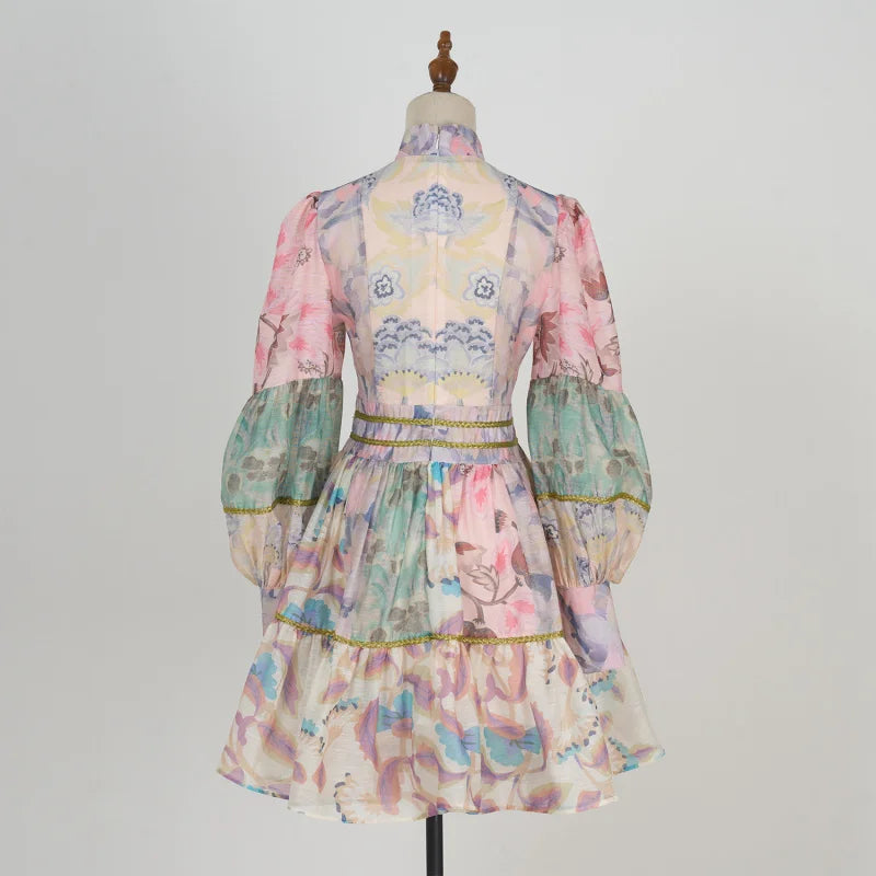 Fall Shot Spot Customized Product Vintage Court Style Small Stand Collar Bubble Sleeve Waist-Tight Dress