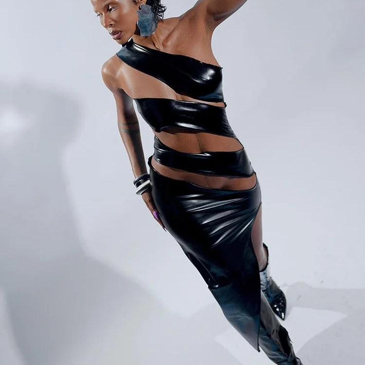 Weird Puss Hollow Faux Leather Dress Women Sexy Coquette Irregular Sleeveless Summer Midnight Bodycon Hipster Stylish Clubwear