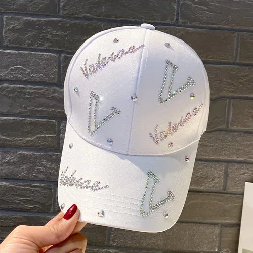 Women with Diamond Hat Spring and Autumn Sun Protection Cap Small Letter Rhinestones Summer Fashion Baseball Cap white 55-58cm