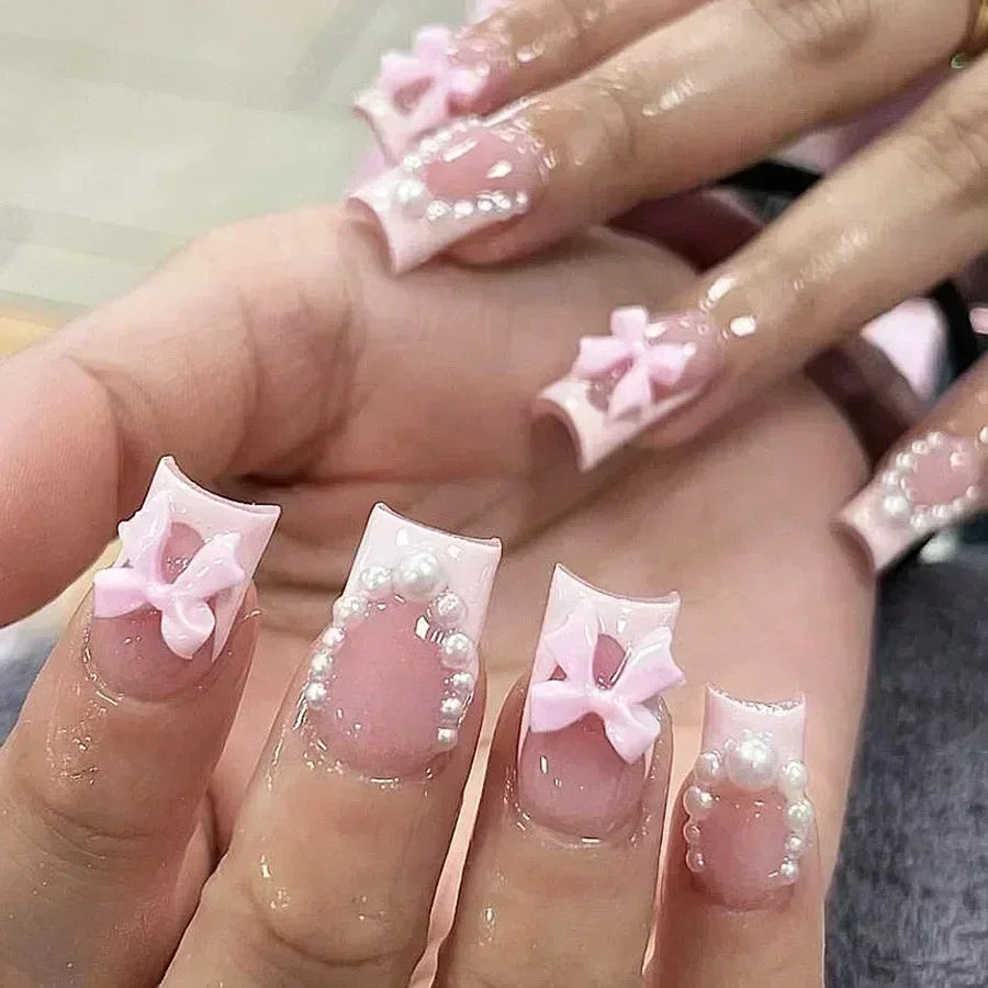 24Pcs French False Nails Pink Zebra Pattern Press on Nails Medium Square Coffin False Nails Y2k Artificial Full Cover Nail Tips