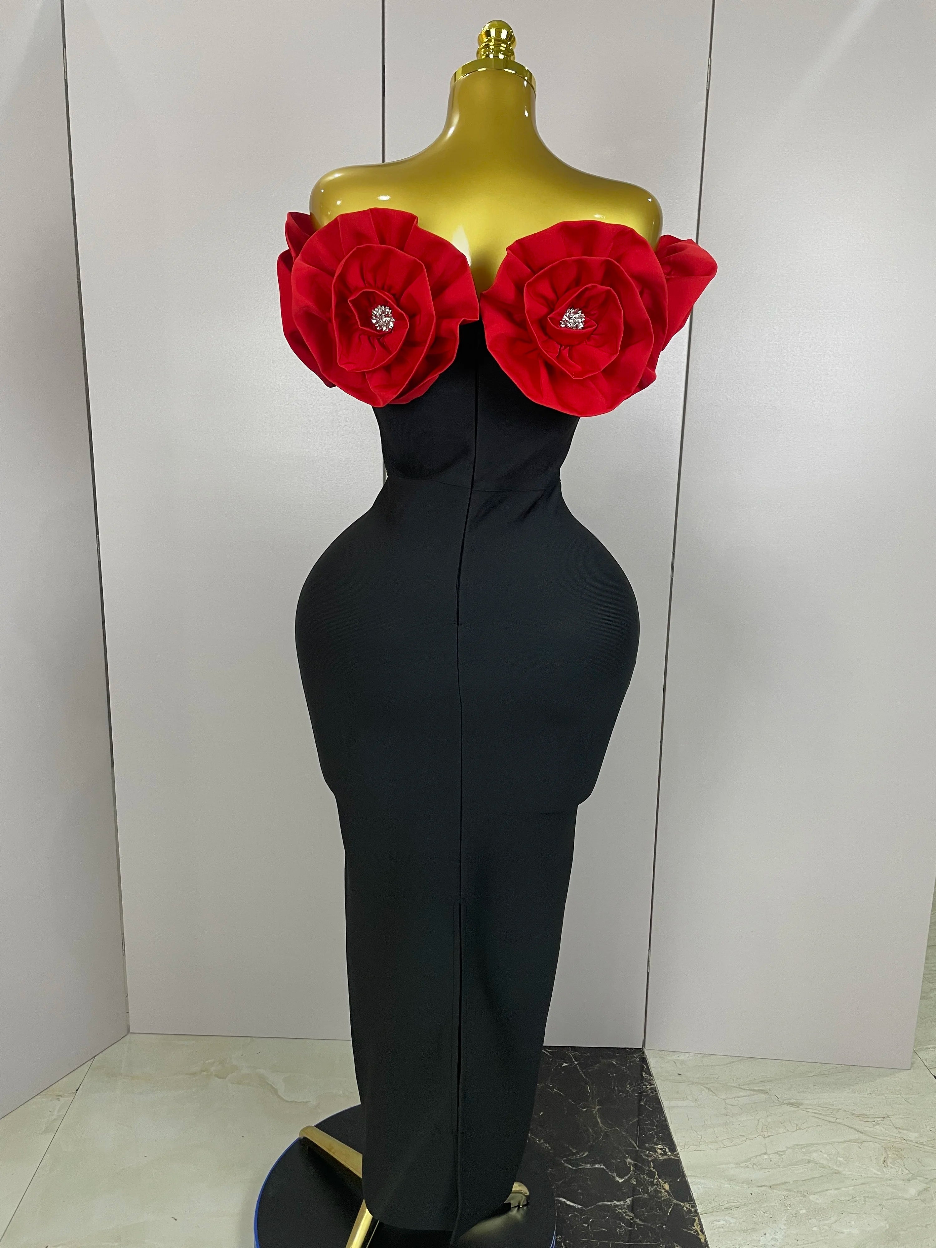 New Stereoscopic Red Flowers Sexy Off The Shoulder Ankle Lenght Bandage Dress Woman Birthday Party Vestido Wedding Party Outfit