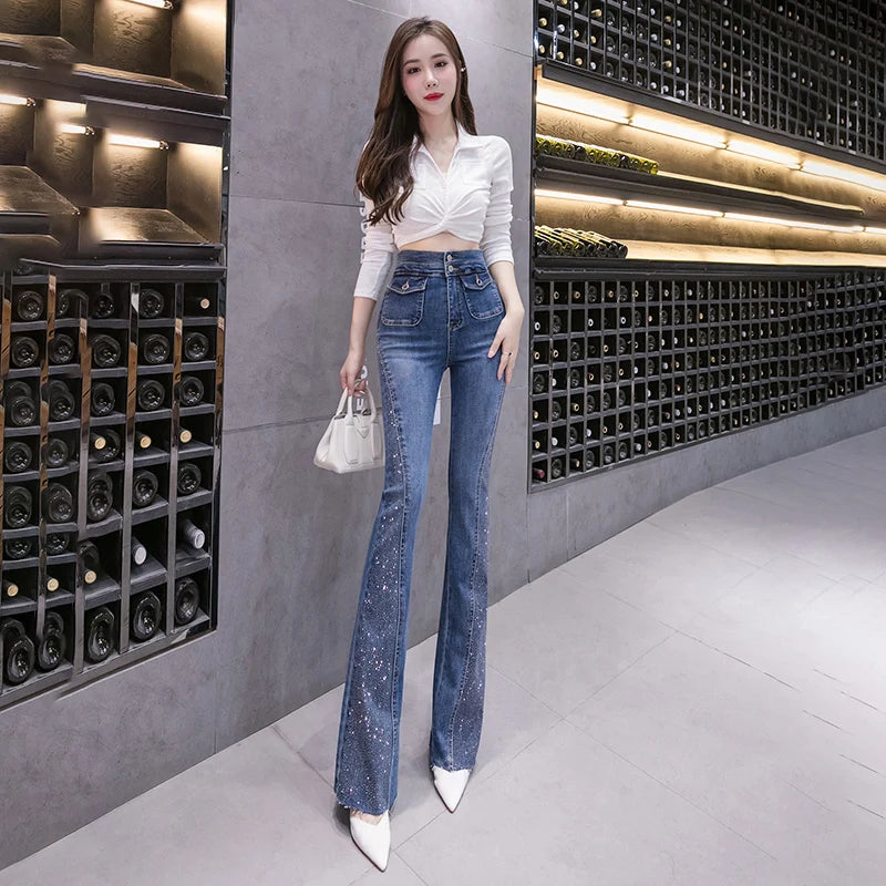 Rhinestone Flared Jeans For Women Soft Skinny Patchwork Boot-Cut Denim Trousers Mujer Fashion Stretch Pants Ladies Blue