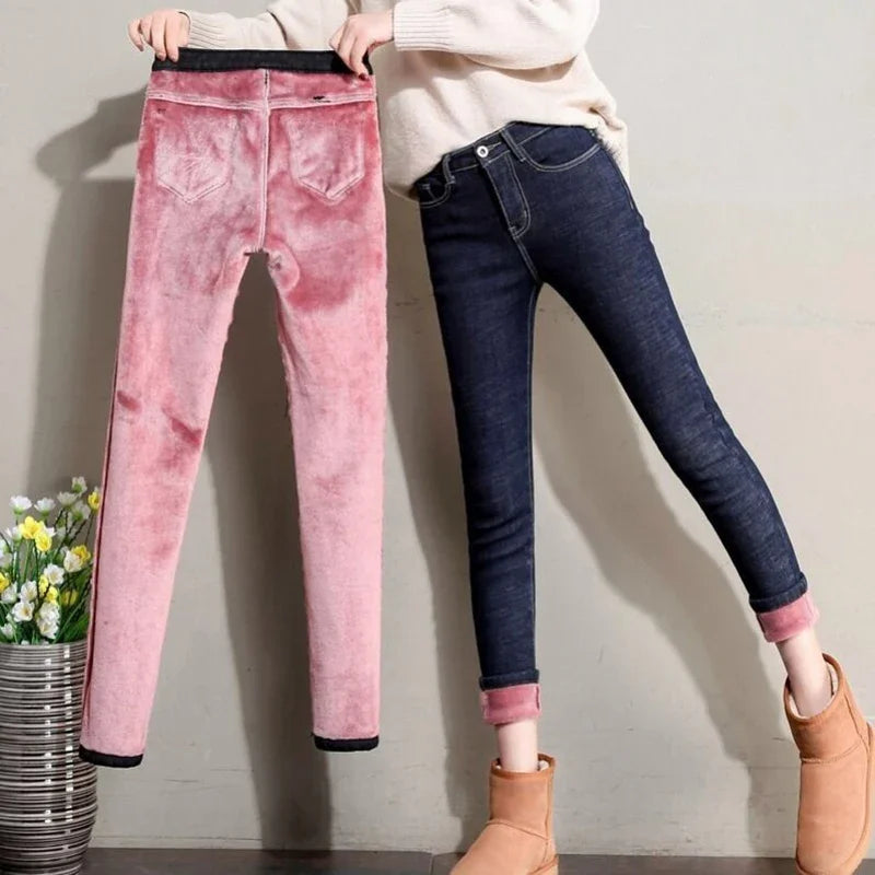 Winter Women`s Fleece Lined Jeans High Waist Thick Comfy Warm Stretchy Denim Pants Trousers For Girls Blue powder