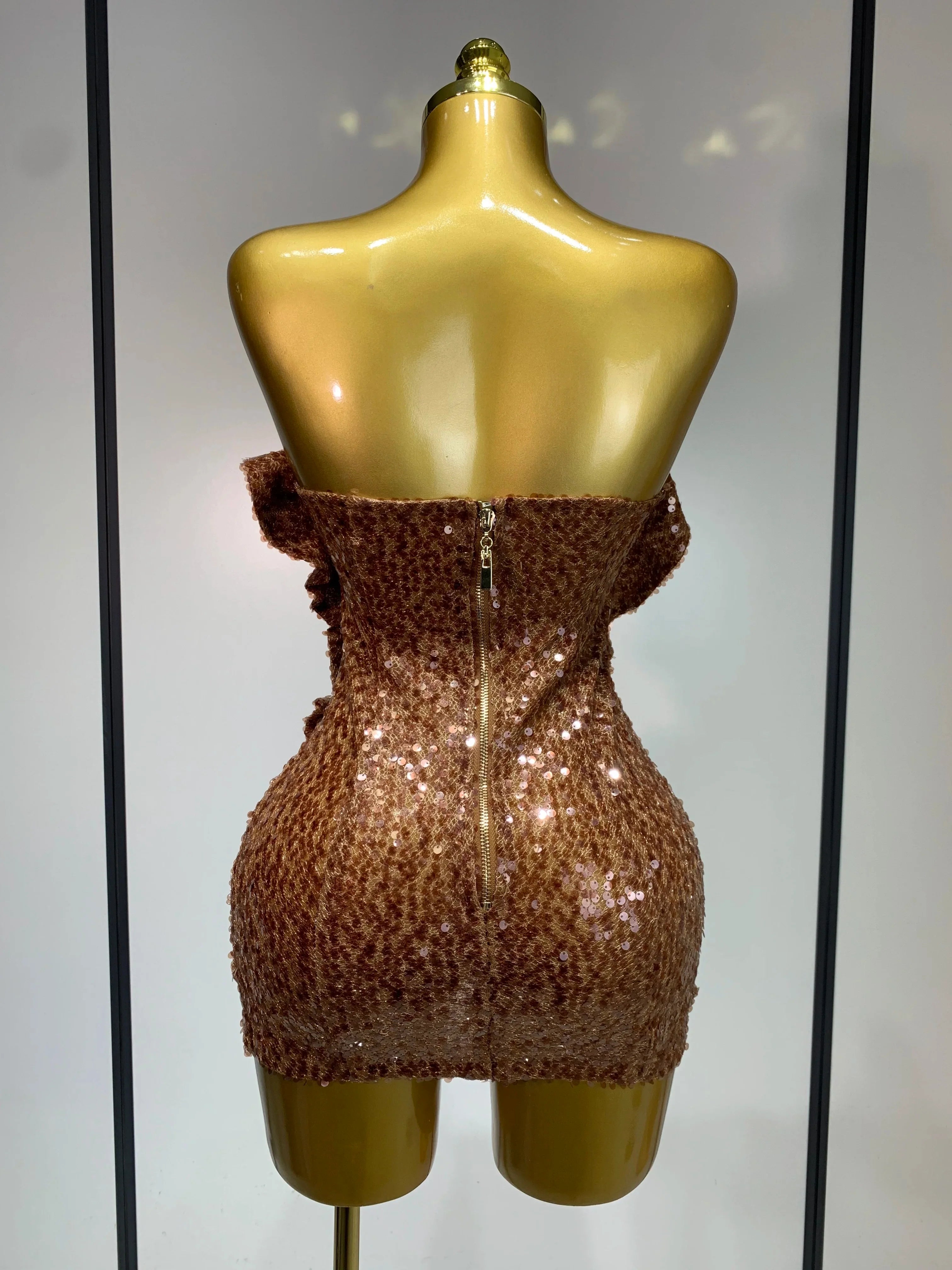 Women Sexy Strapless Backless Brown Sequins Mini Dress Celebrity Elegant Evening Party Club Luxury Birthday Guest Gown