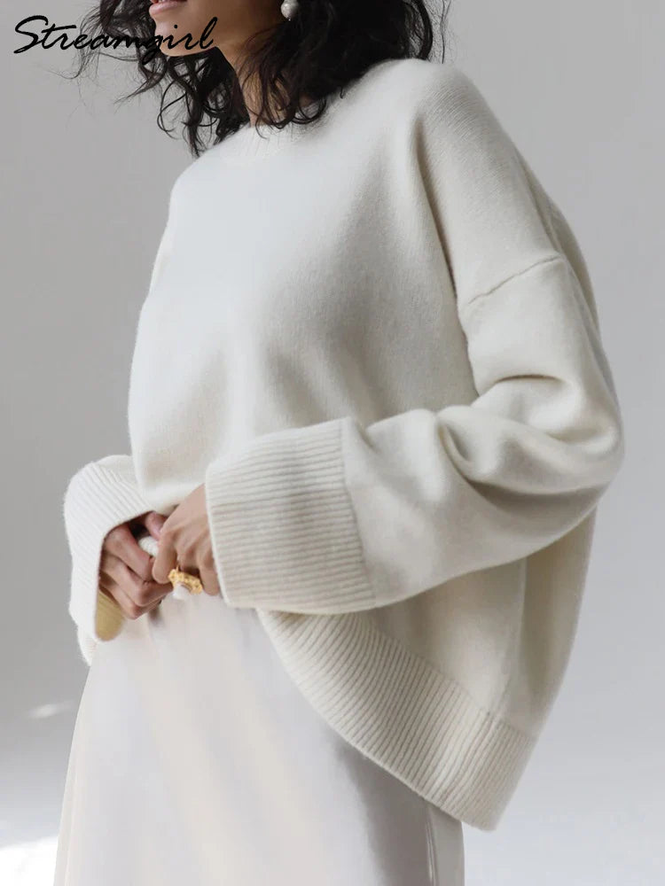 Basic Sweaters For Women Oversize O Neck Knitted Pullovers Autumn Winter Loose Tops Women's Jumper Light Blue Sweaters Oversized