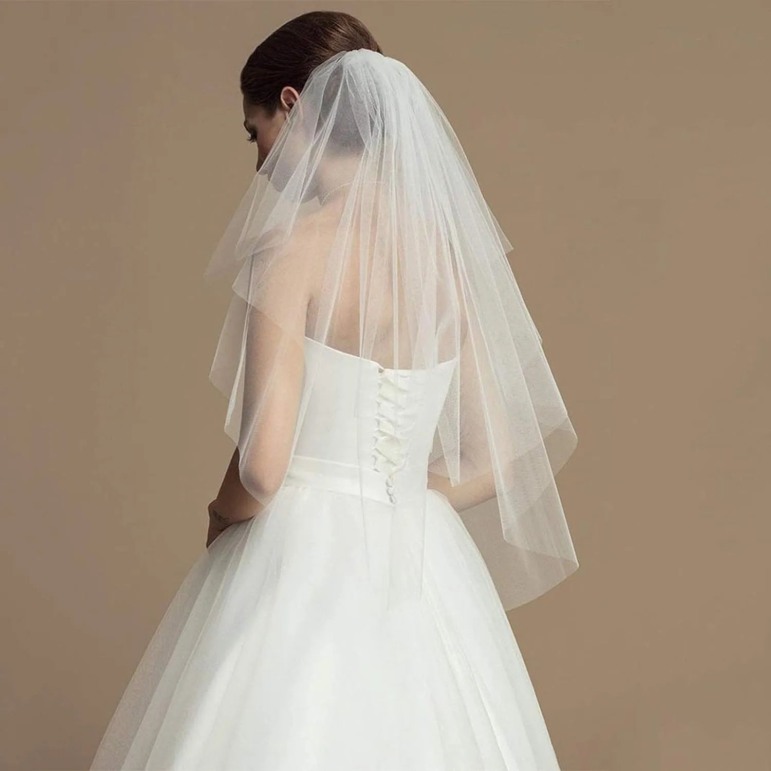 2 Tiers White Ivory Bride Wedding Veil Short Fingertip Bridal Tulle Veil with Comb and Cut Edge Velos De Novia Largos 90cm