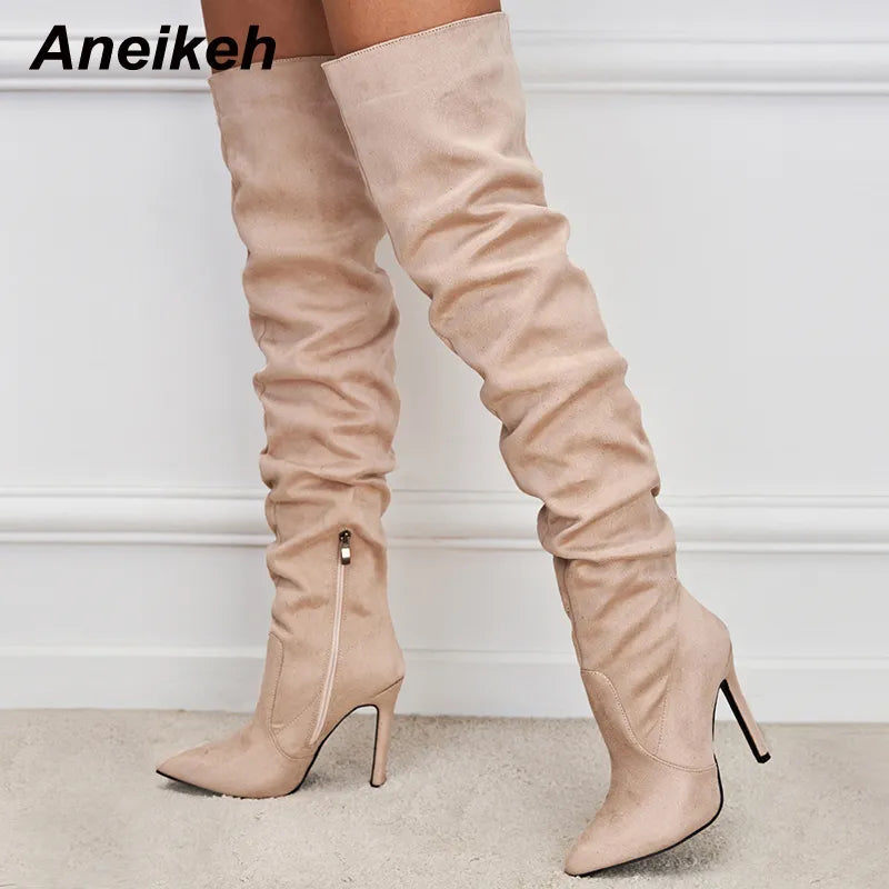 Women's Fashion Trend Pointed Toe Thin Heel Over Knee Boots Spring/Autumn Flock Splicing Side Zipper Chelsea Boots Apricot