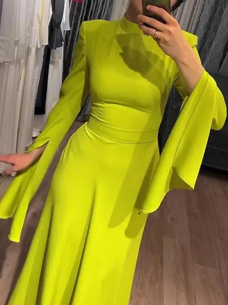 Onecozyday New Women Elegant Evening Dresses Ruffled Sleeve Turtleneck High Waisted Slim Fit Pleated Floor Length Dress