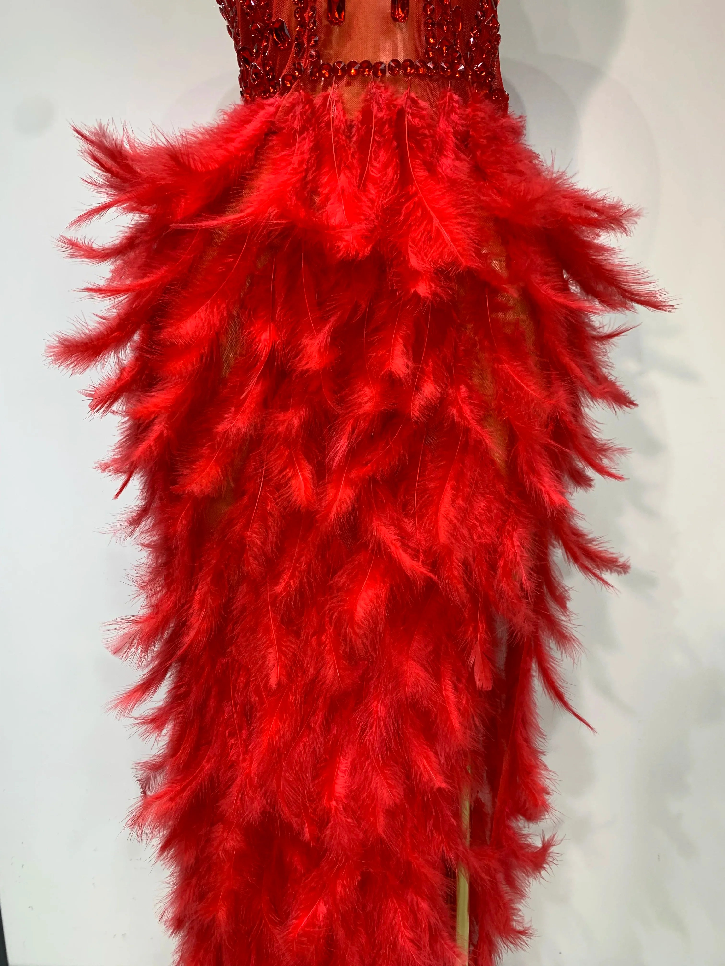 Sparkly Rhinestone Feather Mesh Long Dress Women Sexy Elegant Evening Party Luxury Birthday Photo Shoot Performance Costume