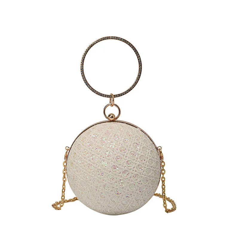 Sparkly Round Evening Purses for Women Shiny Diamonds Handbag Unusual Party Mini Small Bags Fashion Luxury Shoulder Bag Woman WHITE Mini(Max Length<20cm)