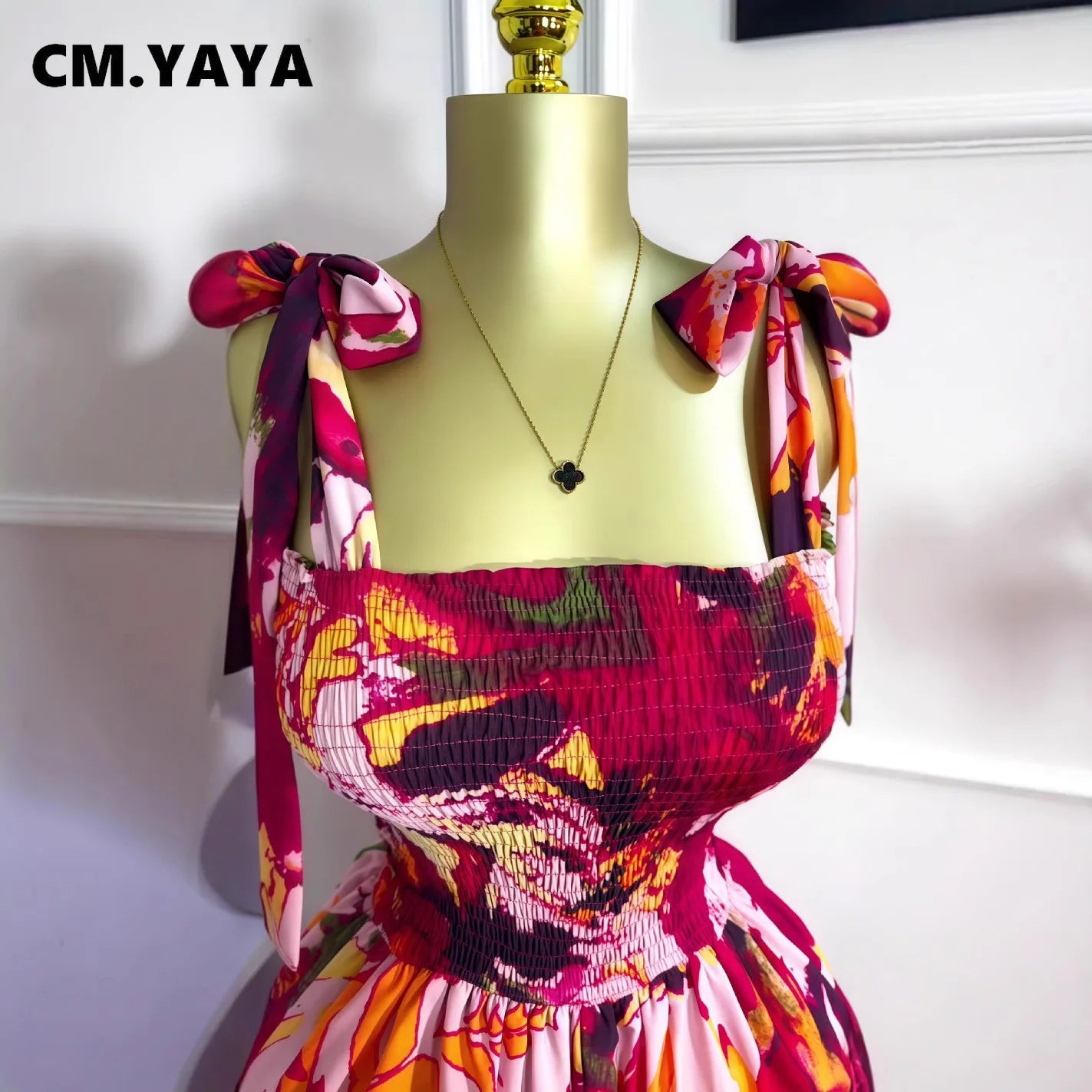 CM.YAYA Leaf Printed Women Bowknot Shoulder Sleeveless Jumpsuits 2025 Summer Beach Boho Holiday Outfits One Piece Suit Romper
