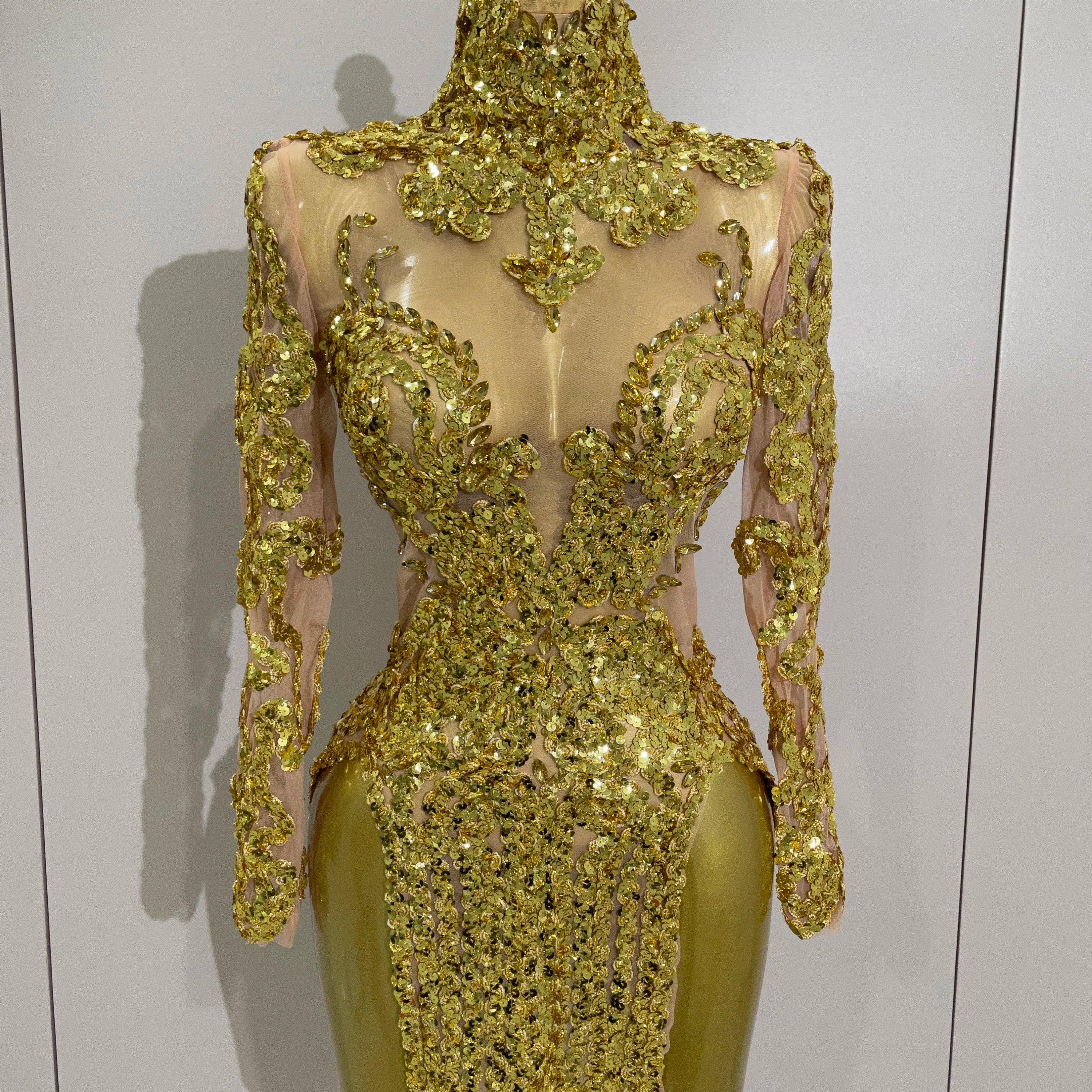 Luxury Sparkly Sequins Stretch Long Sleeve Mesh Mini Dress 2025 Women Birthday Party Nightclub Dancer Stage Performance Costume