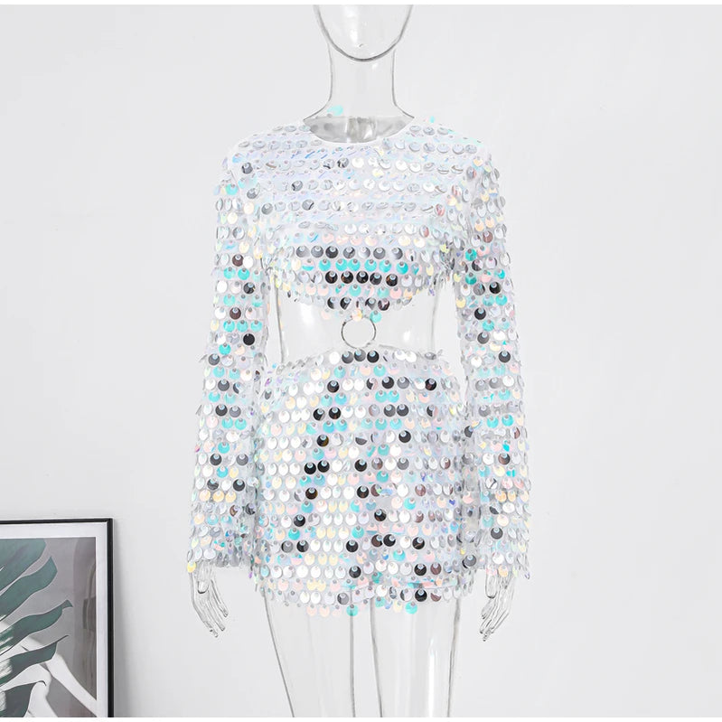 Sexy Sequined Evening Dress Women Long Sleeve O Neck Slim Backless Fashion Mini Dresses Party Hallow Out Ferrule Robe AS PIECTURES