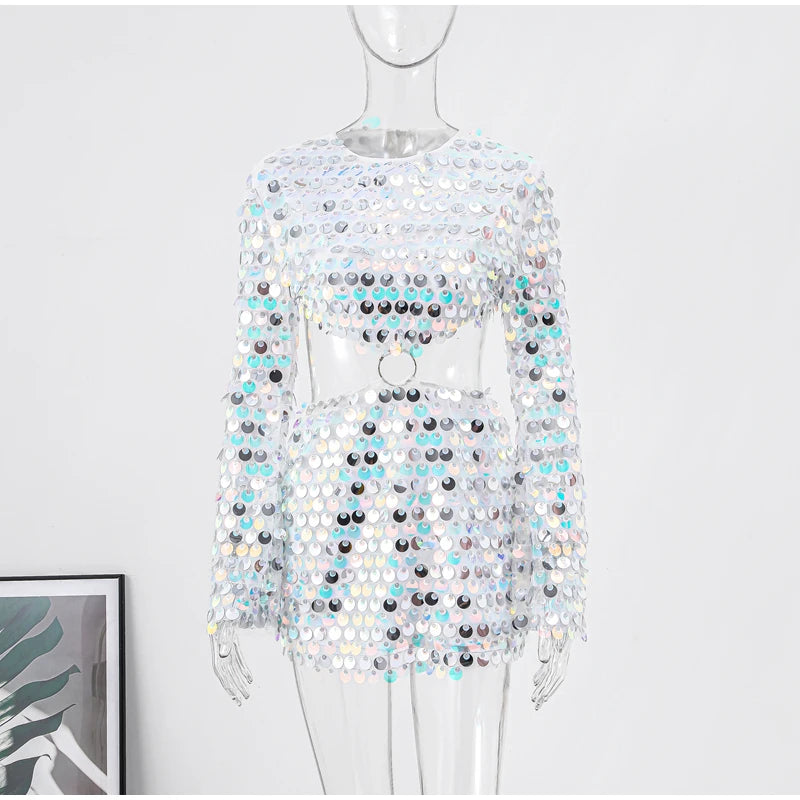 Sexy Sequined Evening Dress Women Long Sleeve O Neck Slim Backless Fashion Mini Dresses Party Hallow Out Ferrule Robe AS PIECTURES
