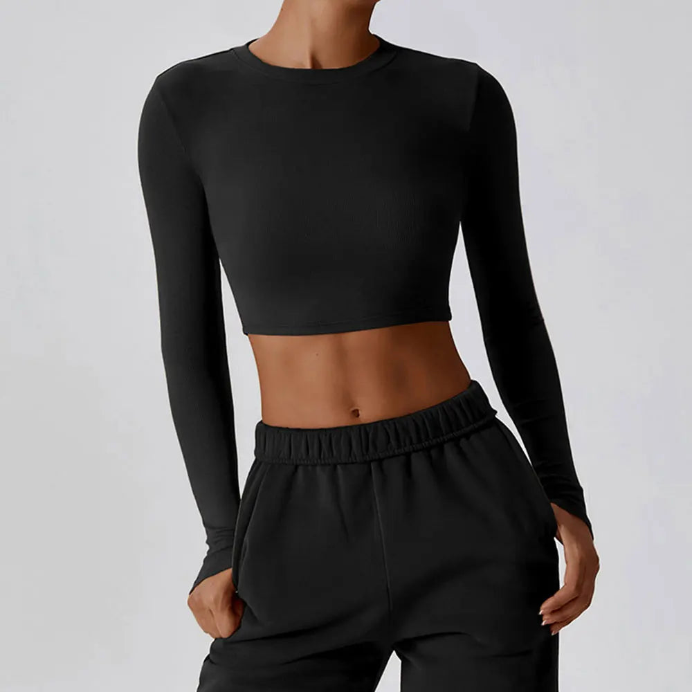 Crop Tops Women Yoga T-shirts Solid Sports Top Long Sleeve Running Shirts Sexy Exposed Navel Quick Dry Fitness Gym Workout Tops