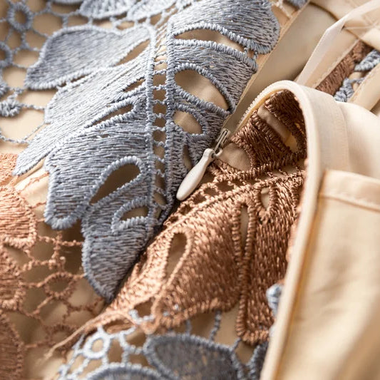 Women Brown Lace Midi Pencil Skirt Bi-material Skirt For Suits With Zipper Long Floral Fashion SKirts Jupe Femme Bi Matiere