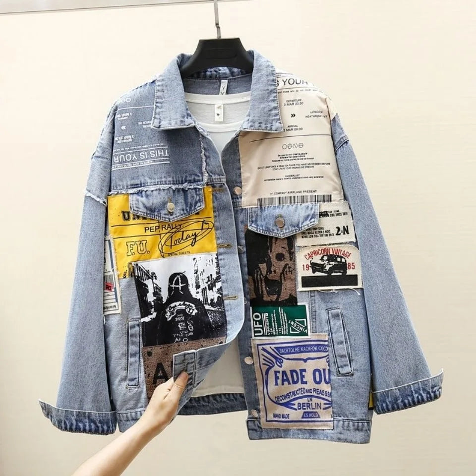 Vintage Full Sleeve Appliques Newspaper Pattern Large Size Black Denim Jacket Leisure Trend Coat Autumn New Jeans Jacket DF4950 blue One Size