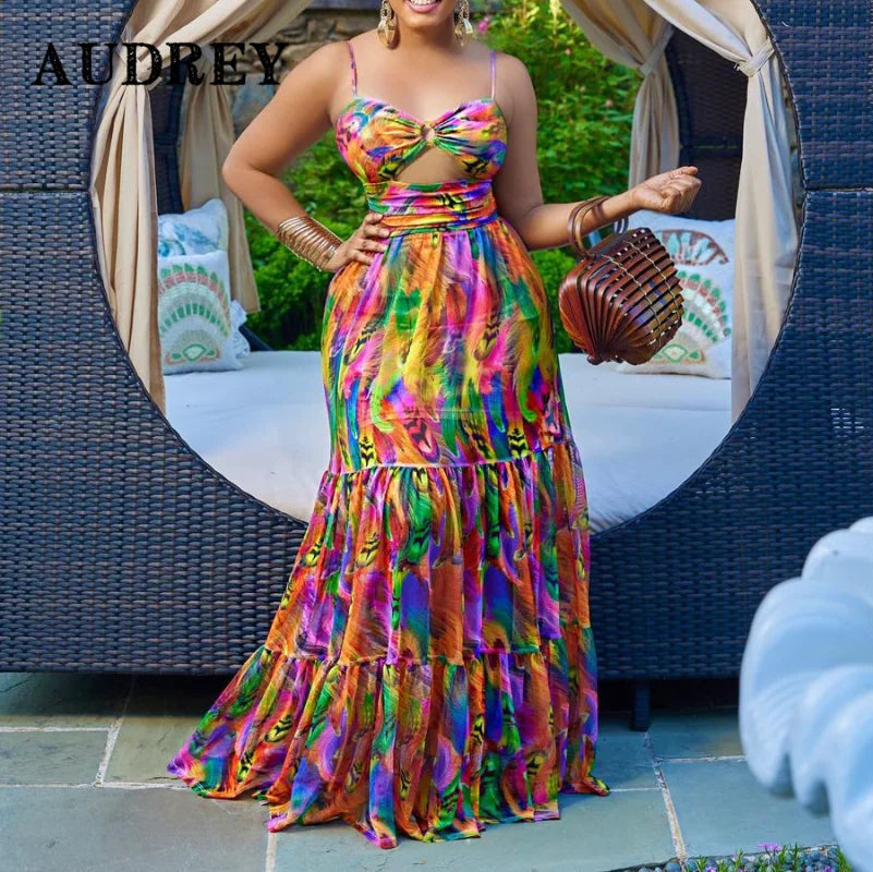 Elegant Sling Plus Size Dress Sexy Printing Fashion Backless Boho Beach Mixi Dress Robe Femme Ete Leisure Vacation Vestidos