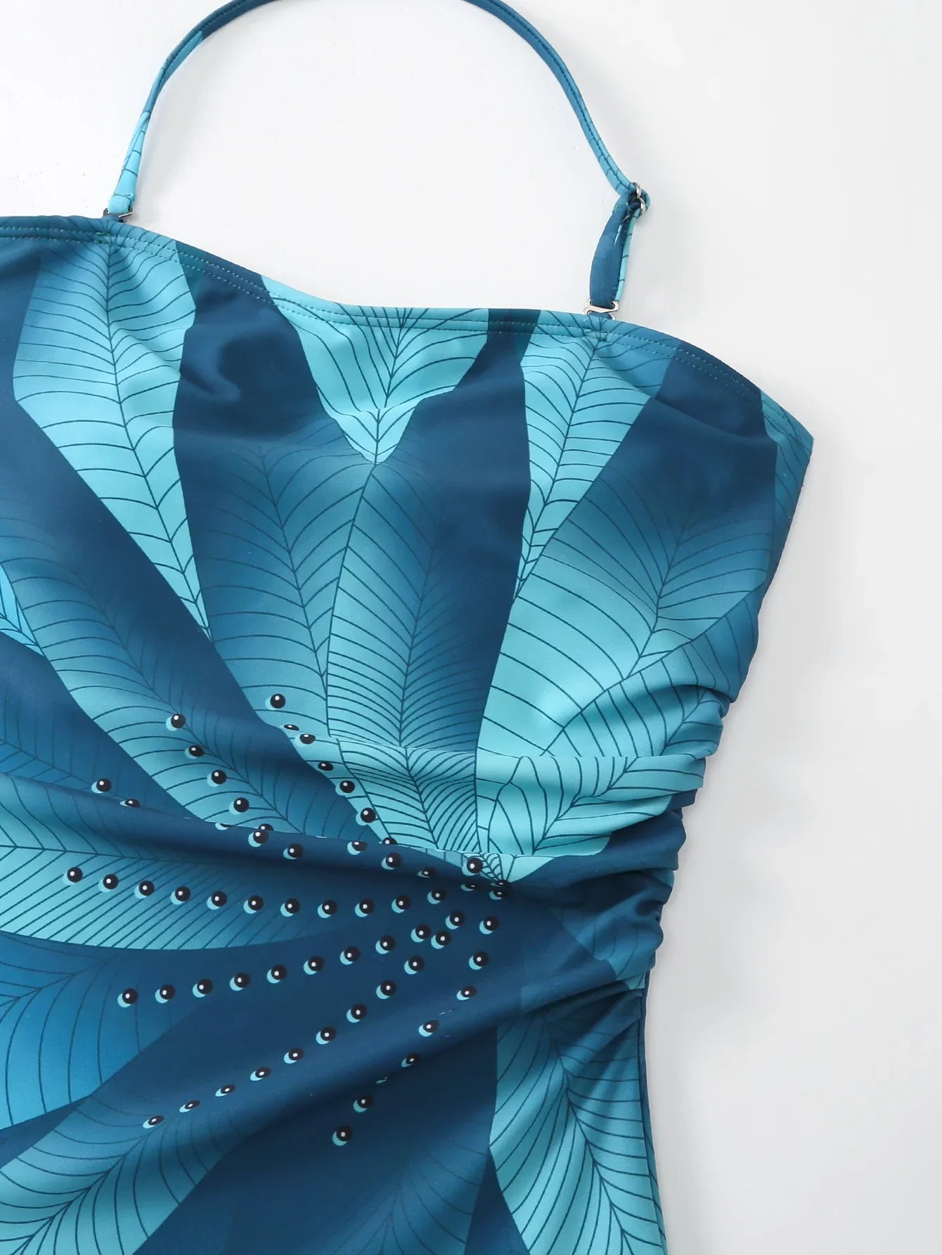 Elegant Blue Leaf Printed One Piece Swimsuit Woman Fashion High Waisted Hanging Neck Swimwear French Covered Belly Bikini