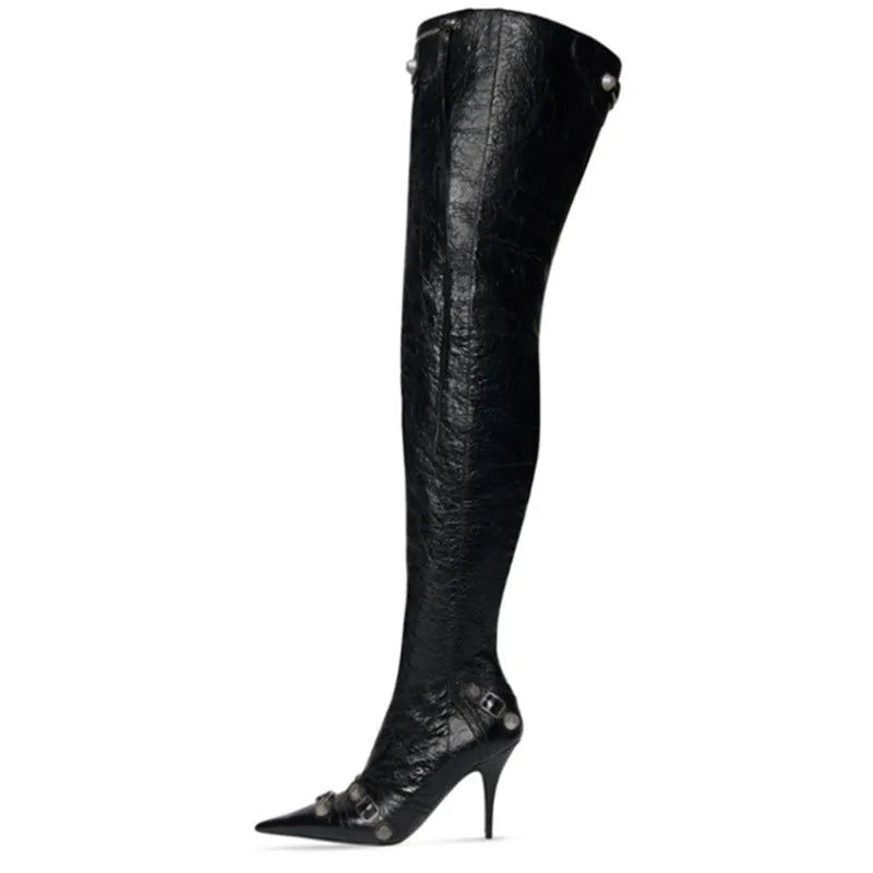 Paris Station Fashion Women's Boots Denim Pointed High Heel Boots Sexy Rivet Boots Show Party Over Knee 46 Large Boots