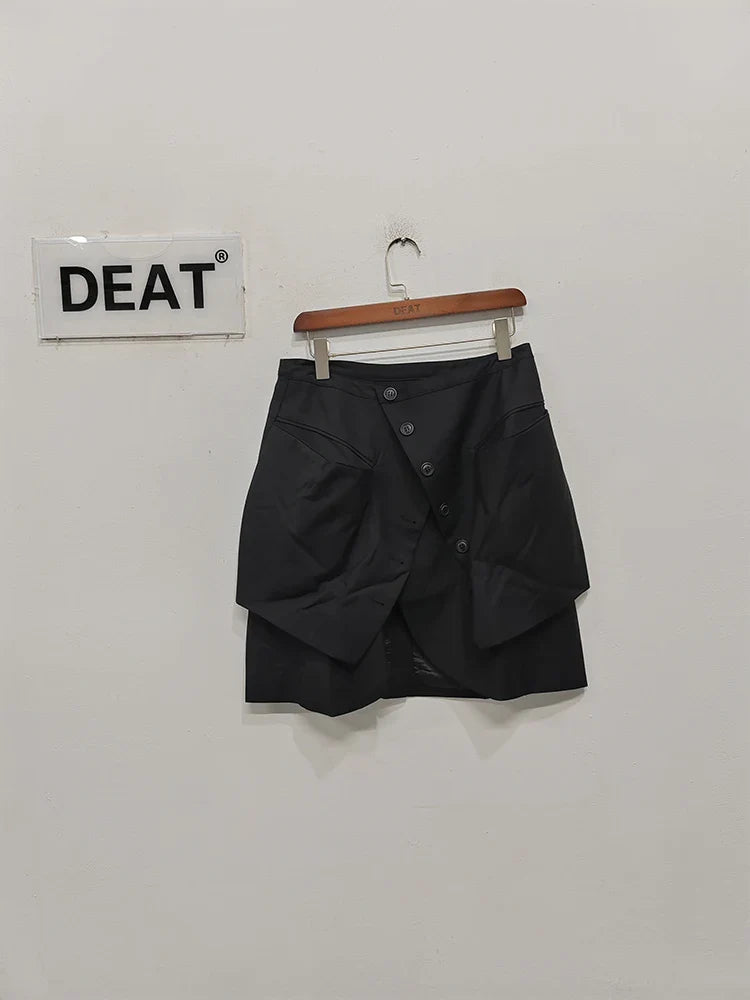 DEAT Fashion Women's Skirt Deconstruct Irregular Diagonal Buckle Pockets High Waist Mini Skirts Female Autumn New WU004 Black