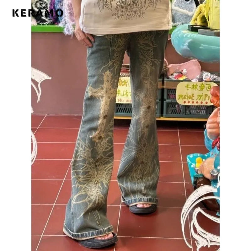 American Vintage High Waist High Street Style Blue Straight Jeans Pants Women's Wide Leg Print Baggy Y2K Retro Denim Trouser