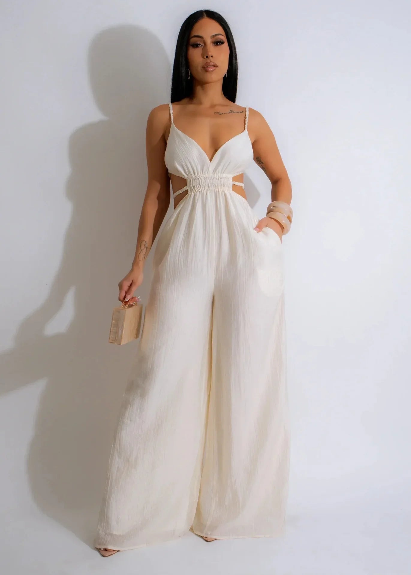 CM.YAYA Women Sleeveless Strap V-neck Backless Wide Leg Long Jumpsuits 2025 Summer Beach Night Club Street Sexy Outfit Rompers
