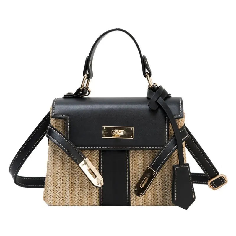 Fashion Box Straw Women Handbags Designer Wicker Woven Shoulder Crossbody Bags Chic Lock Pu Summer Beach Rattan Small Flap Black 19 x 15 x 8 cm