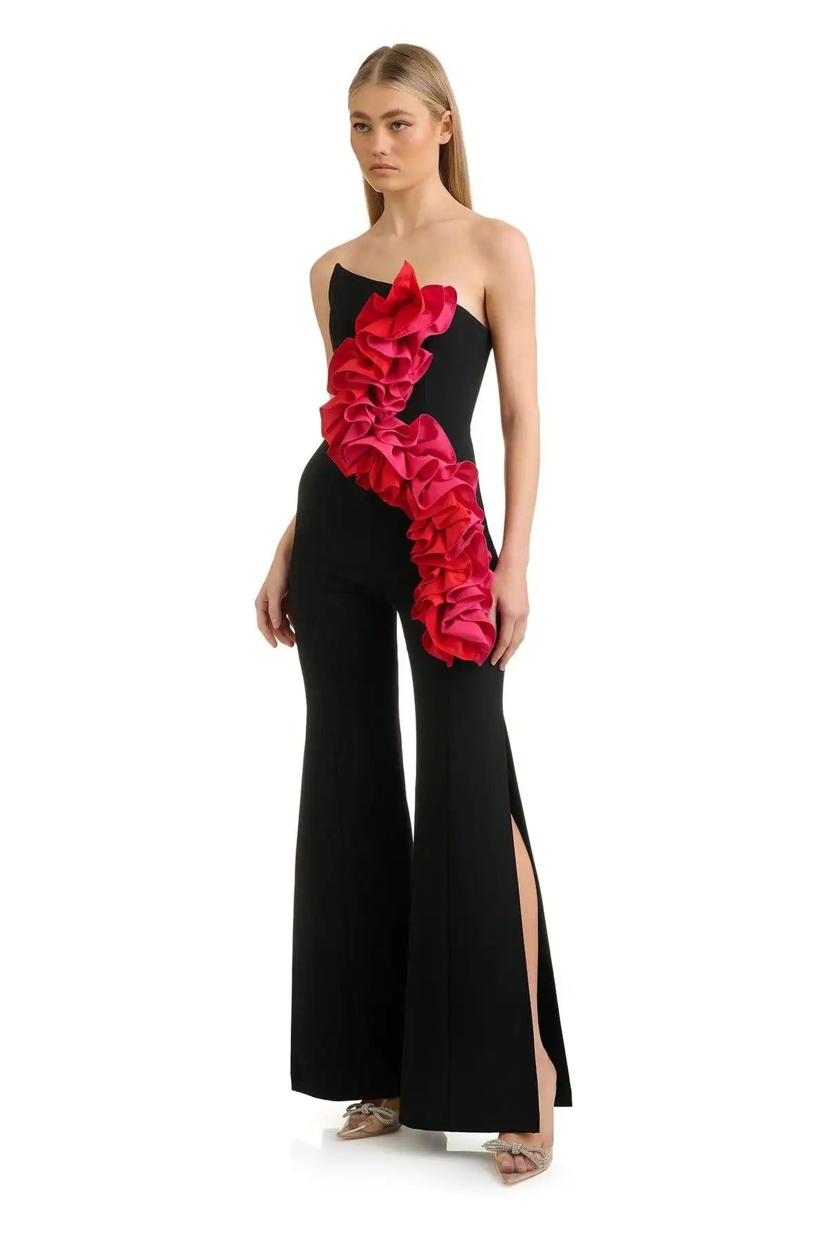 Top Black Women Sexy Off the Shoulder Ruffles Straight Bandage Jumpsuit Fashion Celebrate Evening Party Wear