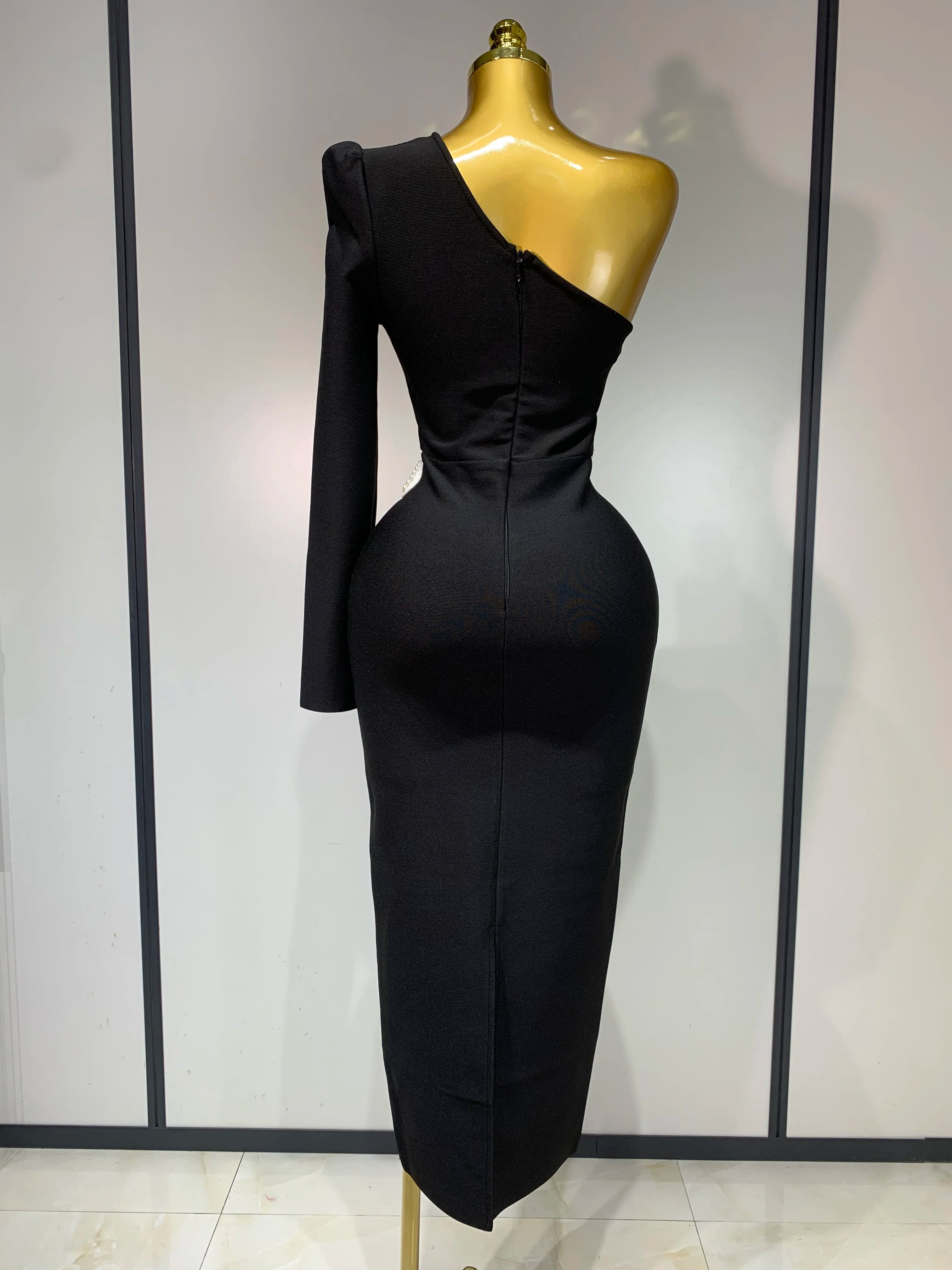 Women Elegant Luxury Black Bandage Party Dress Single Sleeve Cut Out White Pearl Embroidery Flower Midi Long Evening Prom Gowns