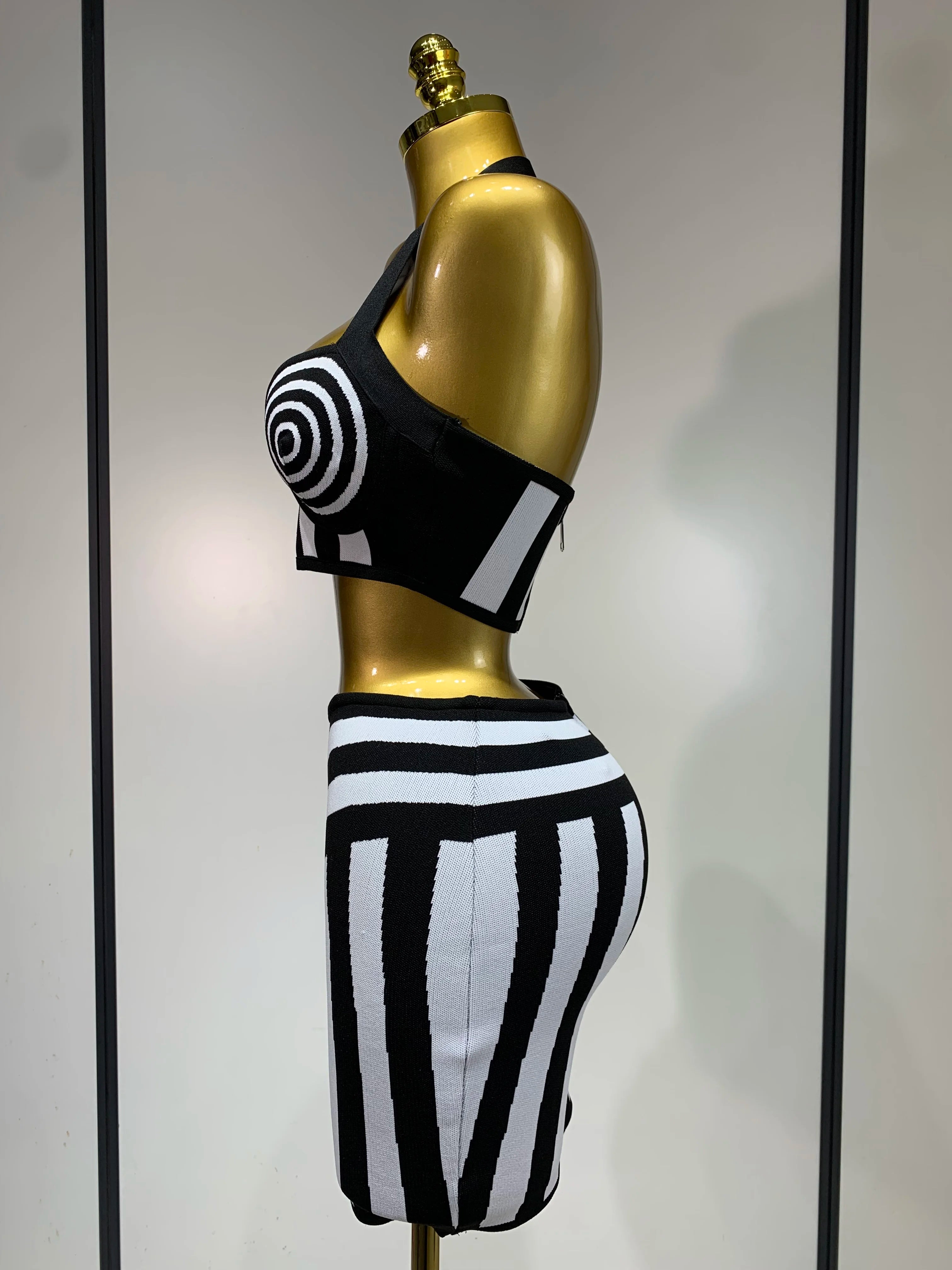 Women Sexy Backless Halter Striped Bandage Skirt Two Piece Set 2025 Knitted Celebrity Elegant Evening Birthday Party Dresses