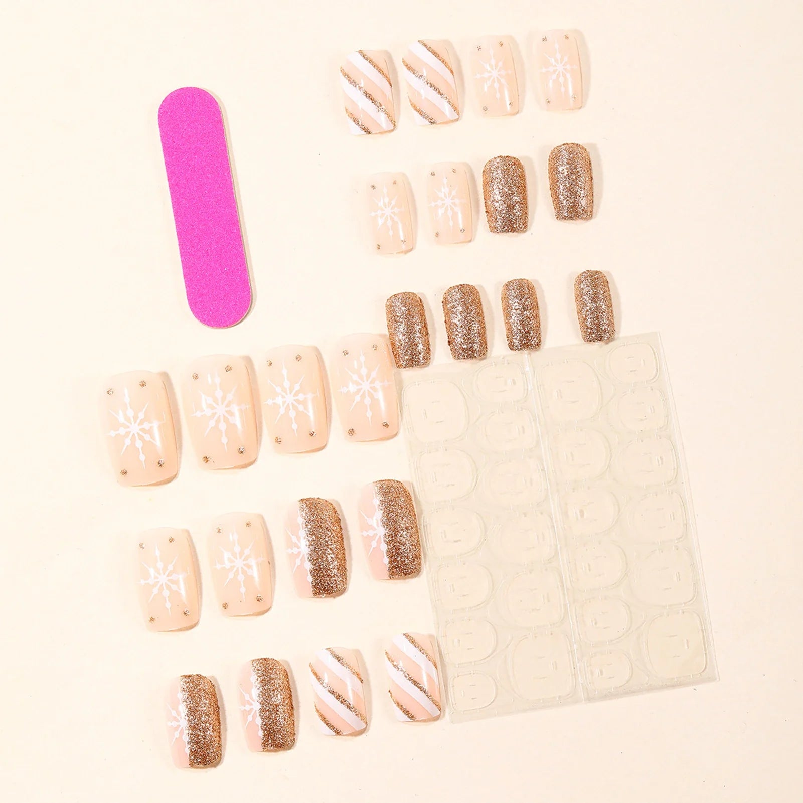 24Pcs Gold Sequins Fake Nails Nude Color Short Square Press On Nails Snowflake Printed Women Christmas Party False Nails Art