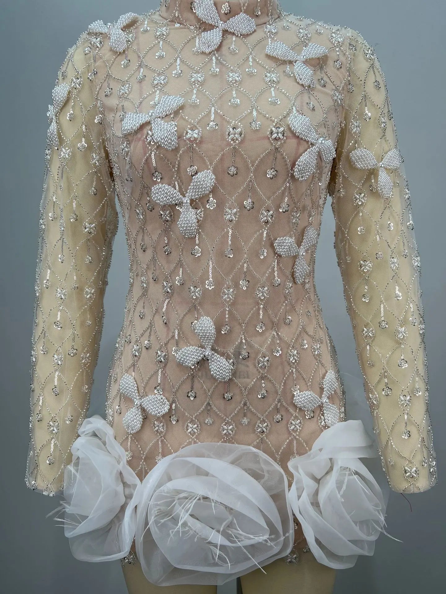 Luxury Exquisite Beading White Flowers Sexy See Through Mini Evening Dress Woman Birthday Party Dress Performances Costume