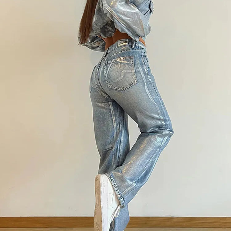 American Metallic High Waist Straight Jeans Women 2024 Fashion Printing Loose Wide Leg Denim Trousers Party Clubwear