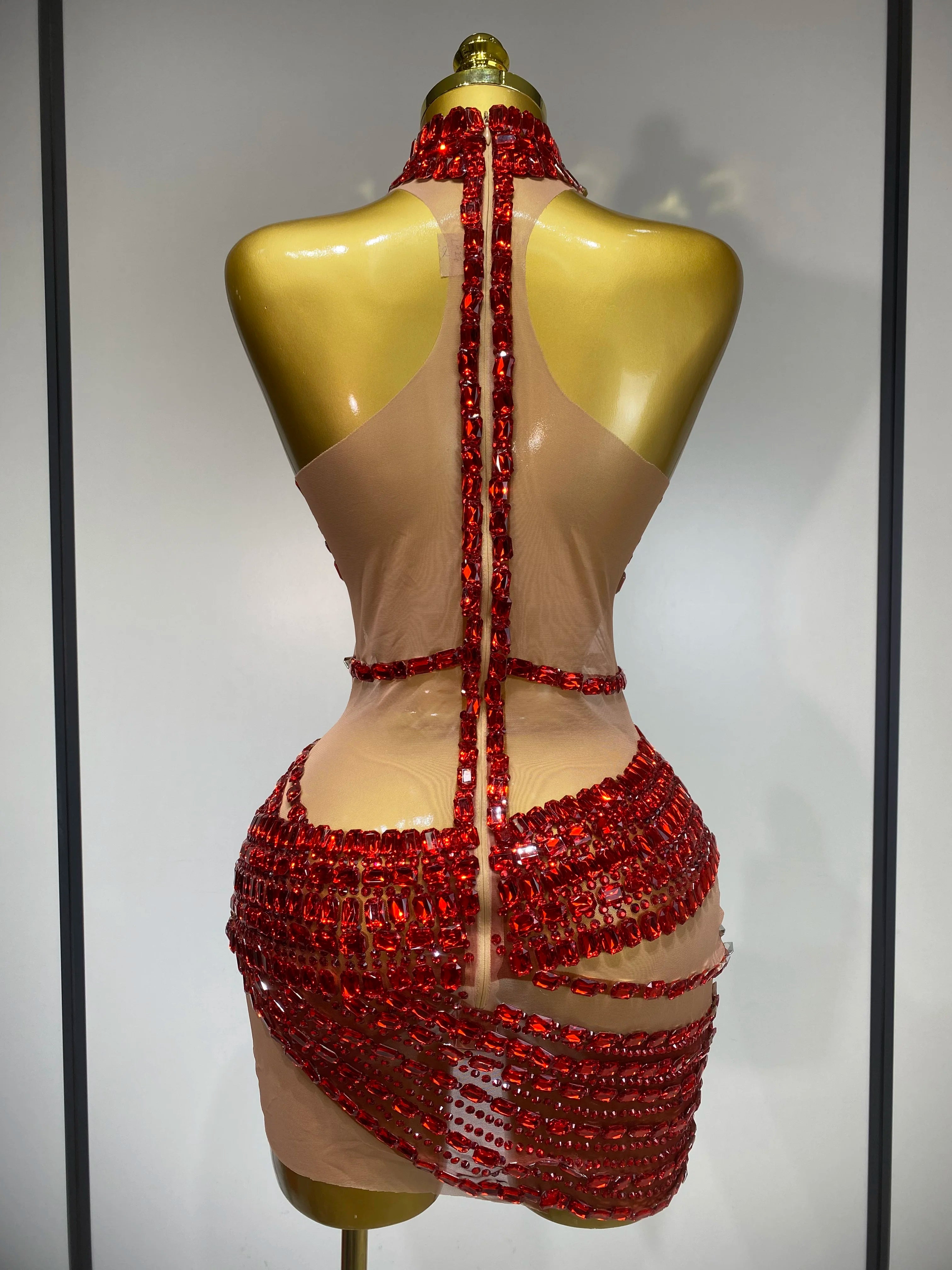 Sparkly Red Rhinestone Mini Dress Womer Sexy Mesh Birthday Wedding Party Prom Gowns Drag Queen Costume Singer Stage Outfit