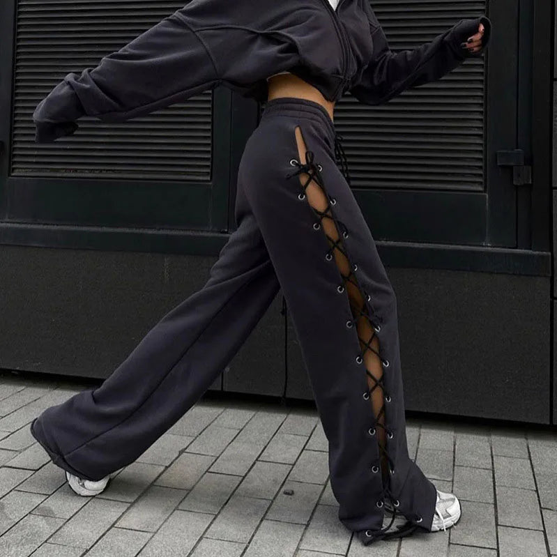 Side Slit Hollow Wide Leg Pants Spring/Summer Women's New Solid Color Wide Leg Pants Street Versatile Slim Fit Pants