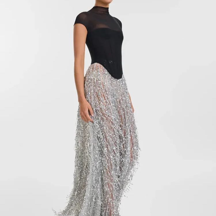 Conjunto de saia longa justa prateada, sexy, manga curta, malha, lantejoulas, para mulheres, celebridades, 2025, elegante, para festa à noite