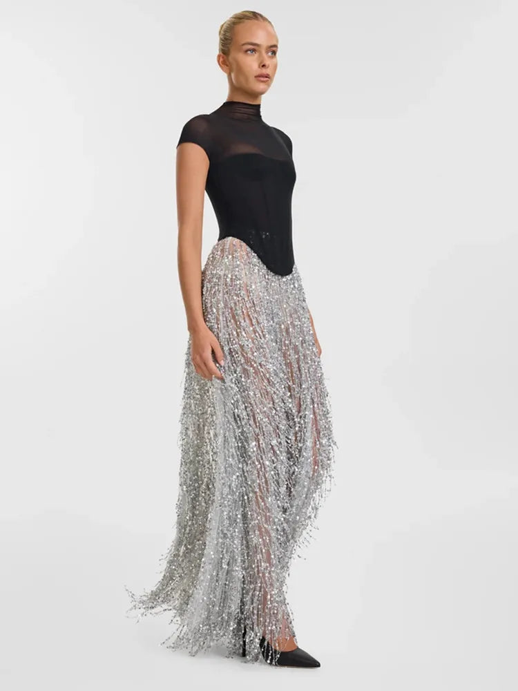Conjunto de saia longa justa prateada, sexy, manga curta, malha, lantejoulas, para mulheres, celebridades, 2025, elegante, para festa à noite