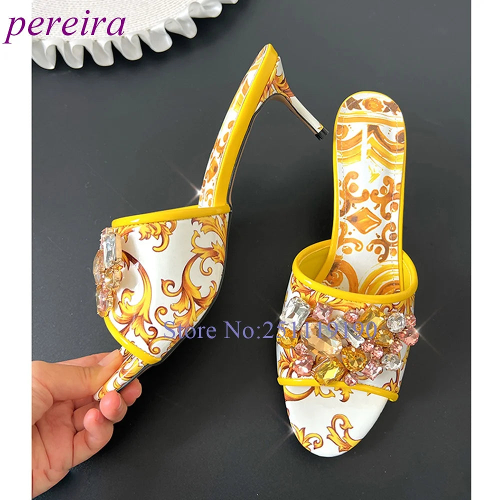 Purple Floral Mule Sandals Open Toe Gemstone Slippers Women Luxury Designer Summer Shoes Classic Slip On Pull On Modern Slides